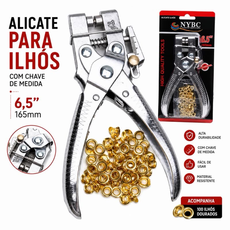 Alicate de aplicar ilhós 2 em 1 profissional fura e aplica + 100 ilhoses