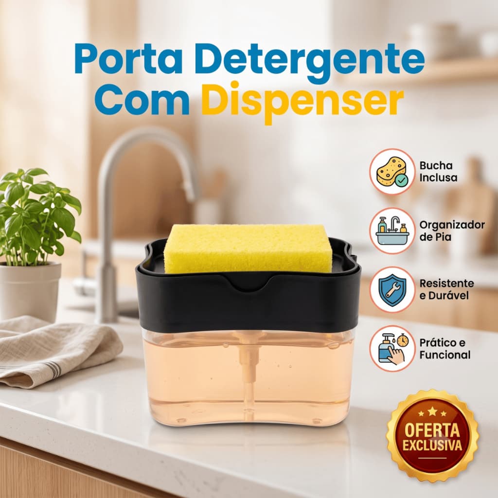 Dispensador Porta Detergente Dispenser Sabão Líquido 2x1 Suporte Esponja Cozinha Compacto 600ml