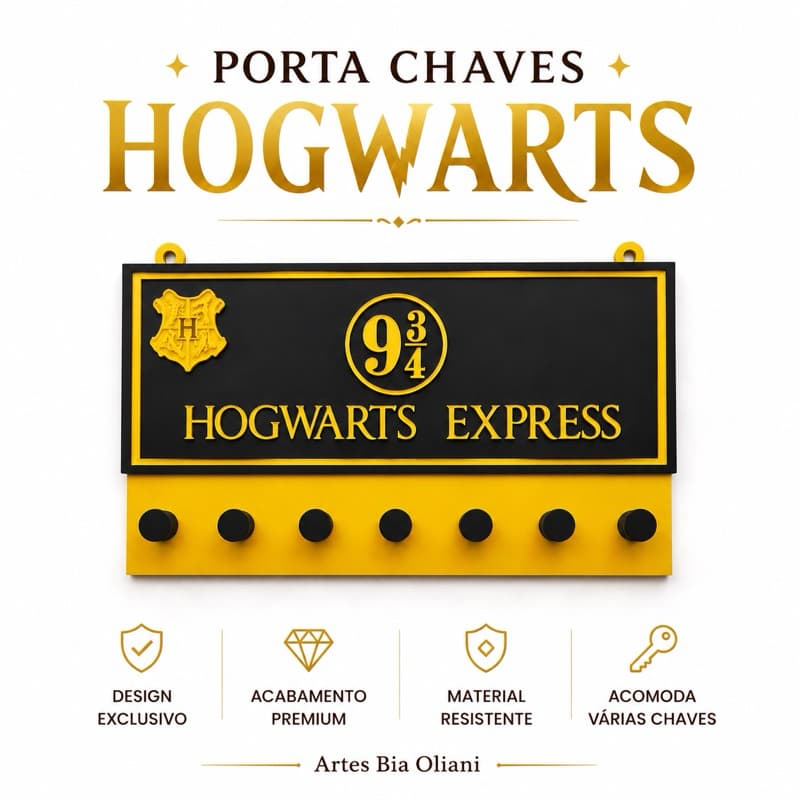 Porta Chaves Hogwarts Express 9¾ 7 Ganchos Decoração Parede Impressão 3D Preto e Dourado