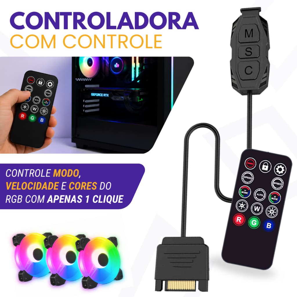 Mini Controladora Controlador de Luz Led A Rgb Cooler Fan 5v 3 Pin Sata Com Controle Remoto