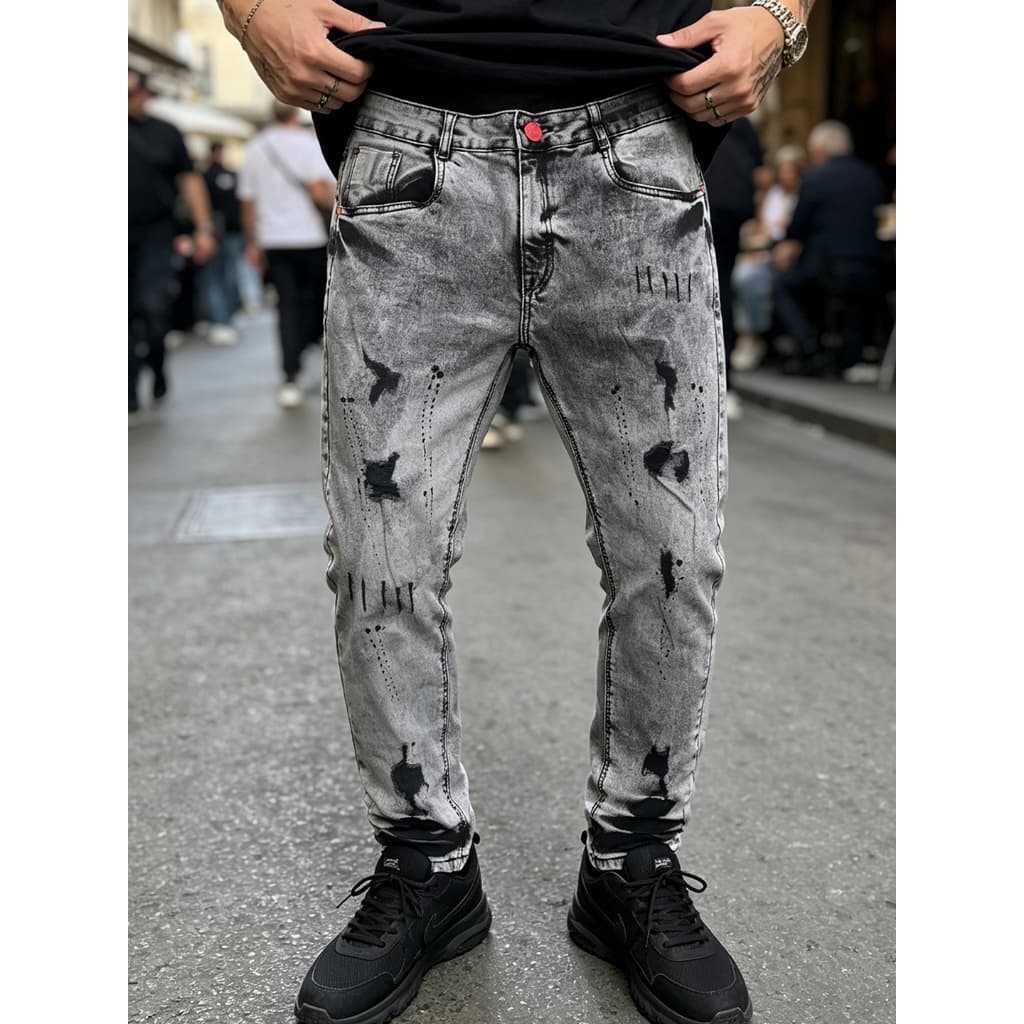 Tung Jeans Cinza Calça Jeans Buraco Slim Desenho De Respingos De Tinta Estilo Casual Versátil