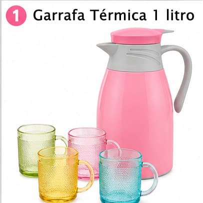 Kit Garrafa Térmica 1L Fratelli com 4 Canecas de Vidro 190ml Rosa Mantém Temperatura Frete Grátis