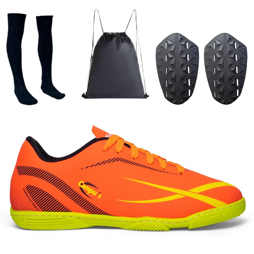 Kit Chuteira Futsal Indoor Caneleira Meião e Mochila Sola Reforçada Quadra  PROFISSIONAL