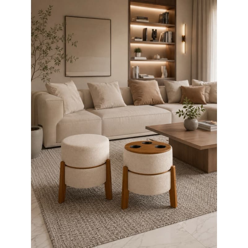 Puff Porta Copos Mesa Cadeira Bouclé Pés de Madeira Para Sala Quarto Escritorio Trabalho Lazer Areia Cinza