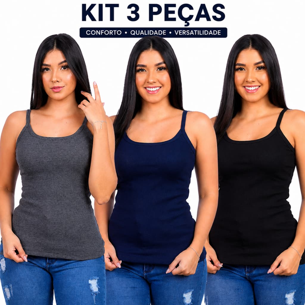 kit 3 blusa feminina regata blusinha canelada alcinha larga algodão elastano