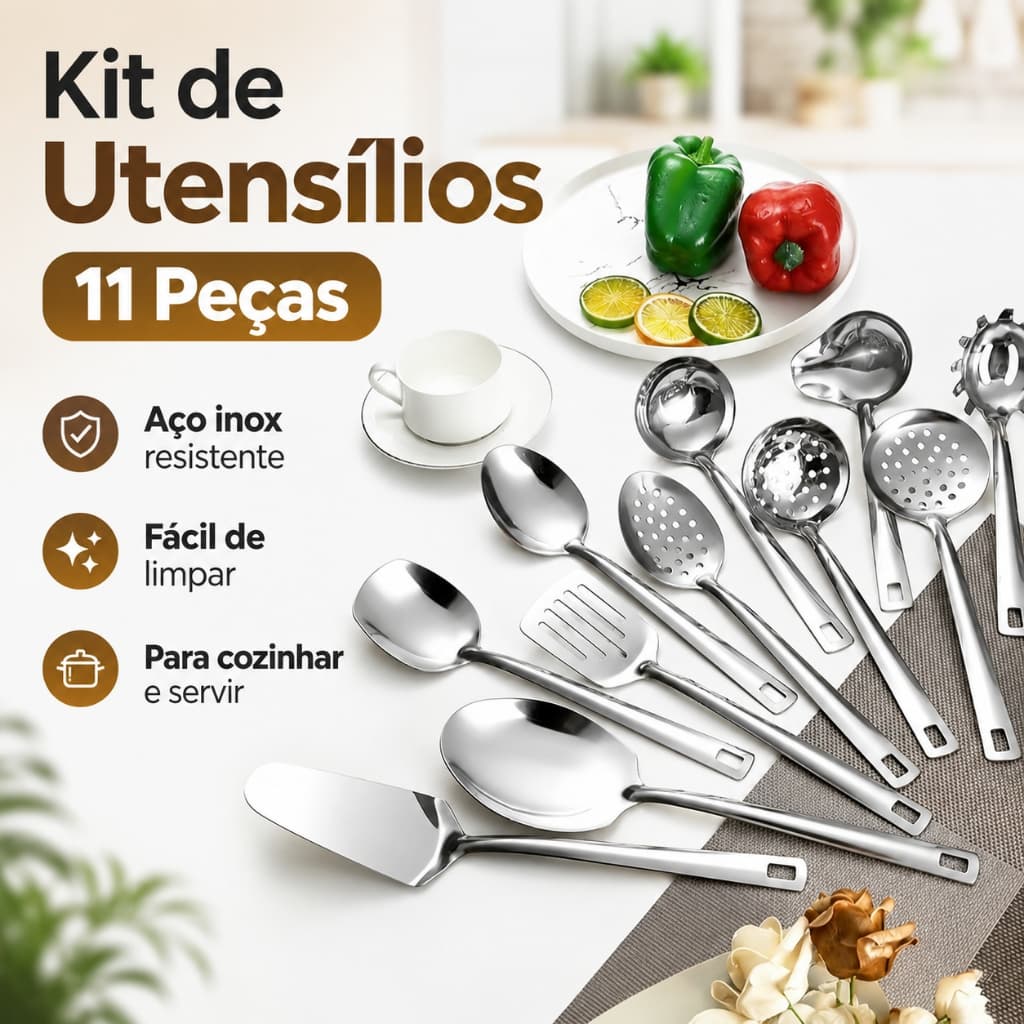 Kit 4/11 Peças Talheres de Aço Inox Dourado Utensílios de Cozinha Conjunto de Servir