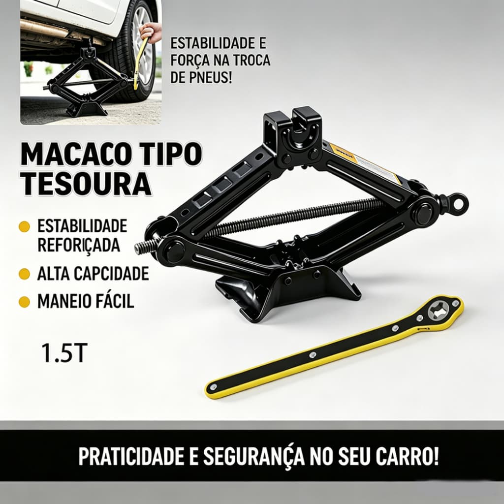 Macaco Sanfona Hidráulico 1.5t – Universal Carro, 1500kg, para Troca de Pneu