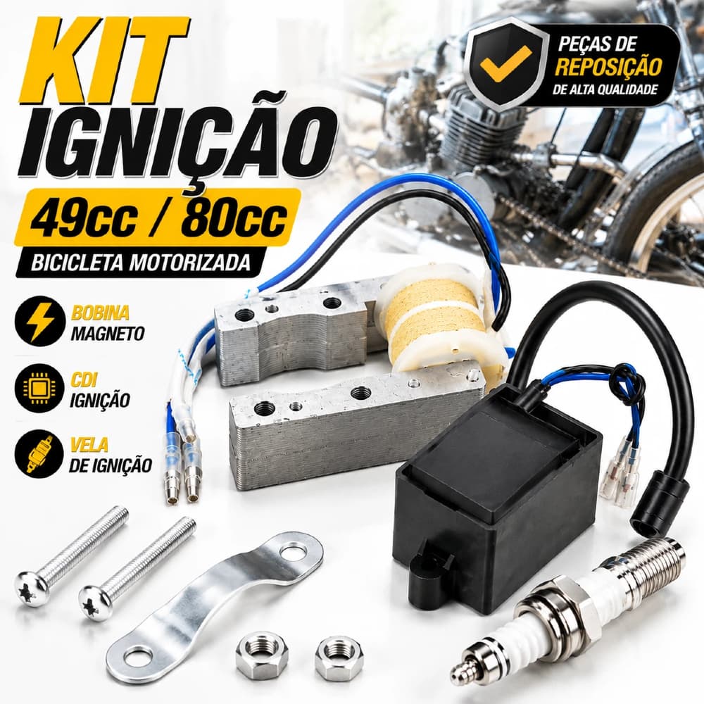 Kit Bobina + CDI + Vela para Bicicleta Motorizada 80cc KXT - Peças de Ignição Profissional
