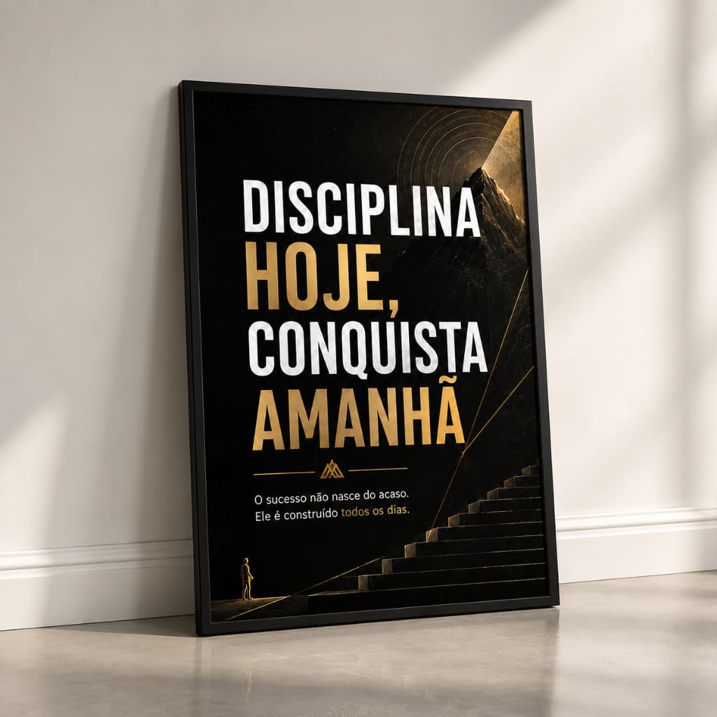 Quadro Decorativo Motivacional Disciplina Hoje Conquista Amanhã Preto e Dourado para Escritório