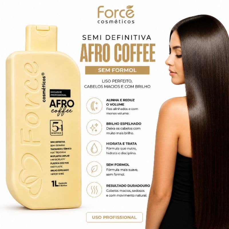 Semi Definitiva Afro Coffee 5 em 1 Force Cosméticos 1L – Sem Formol | Tratamento Profissional