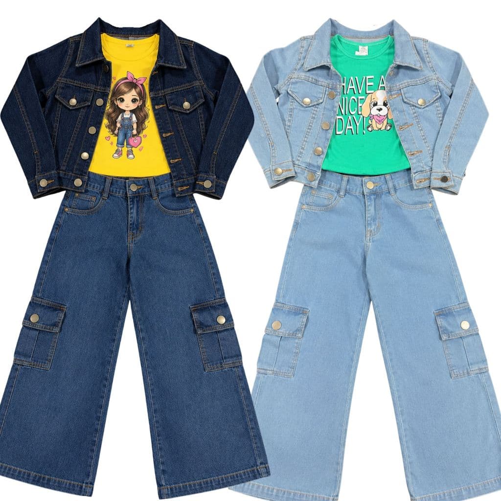kit 3 peças infantil feminina calça cargo wide leg + jaqueta + blusinha menina completo