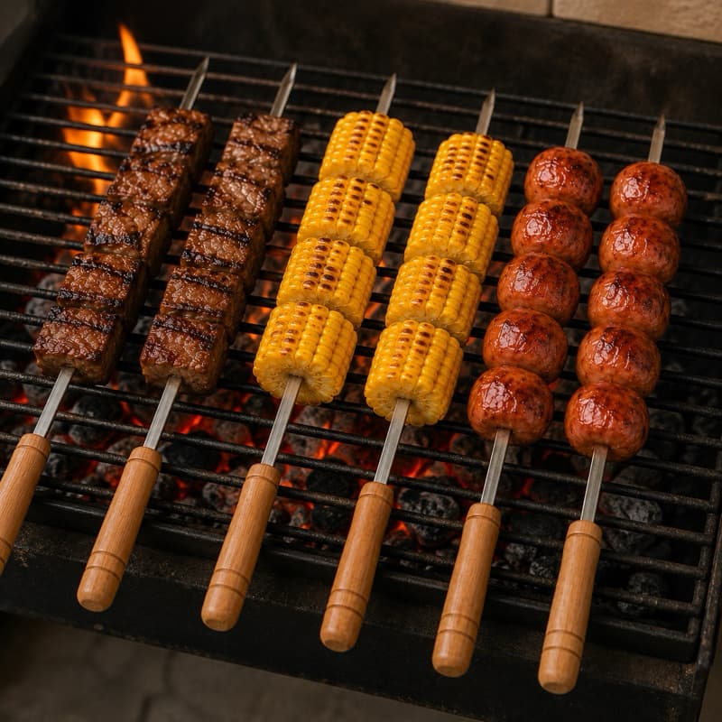 Jogo com 6 Mini Espetos de Churrasco em Aço Inox 26cm Cabo de Madeira para Carne Linguiça e Petiscos