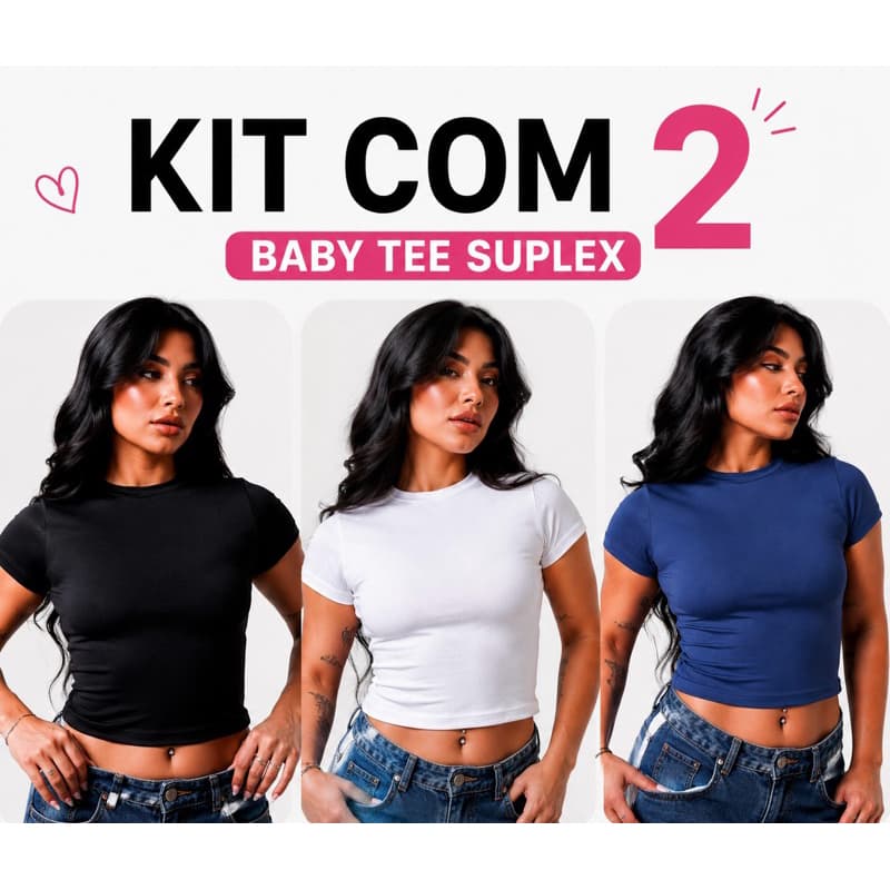 Kit 2 Baby Tee Suplex Feminina Blusinha Básica Cropped Manga Curta