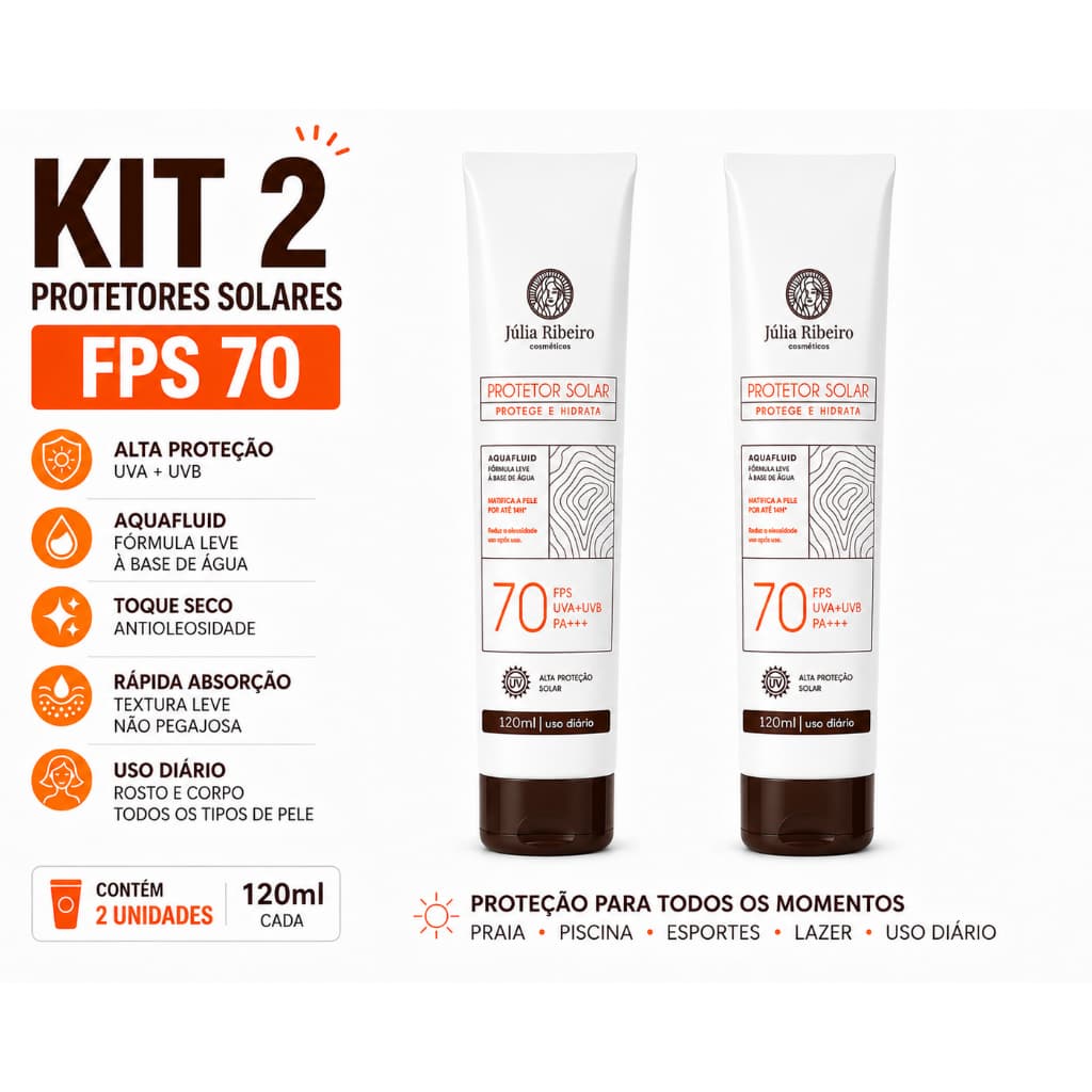 COMBO com 2 Protetor Solar FPS 70 – 150ml Cada | Toque Seco, Antioleosidade | Rosto e Corpo