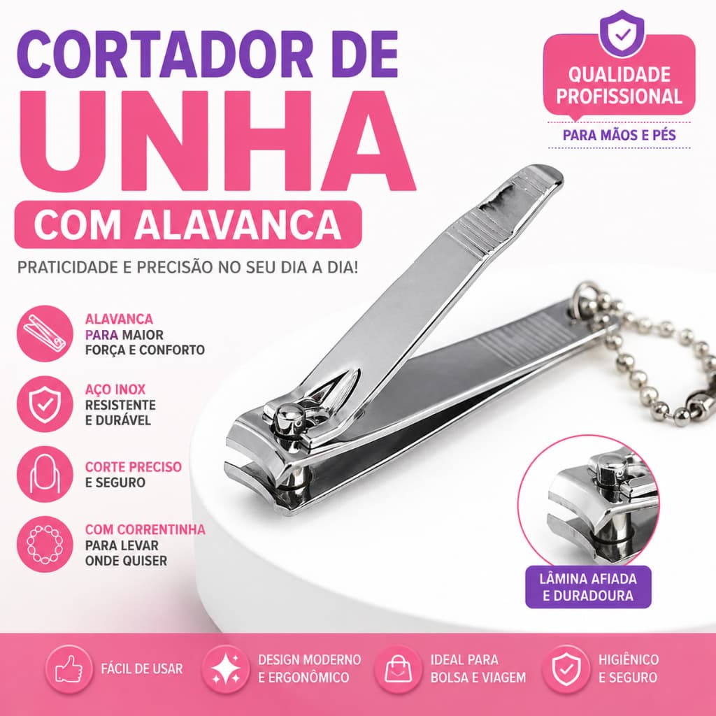 Cortador de Unha Profissional Aço Inox com Alavanca e Corrente – Corte Preciso para Mãos e Pés
