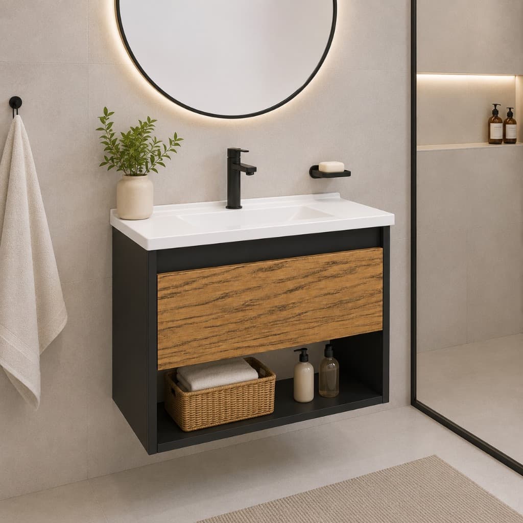 Gabinete para Banheiro 60cm com Pia Sofia em Polipropileno | 2 Nichos | Suspenso | Branco, Off/Nature ou Preto/Nature