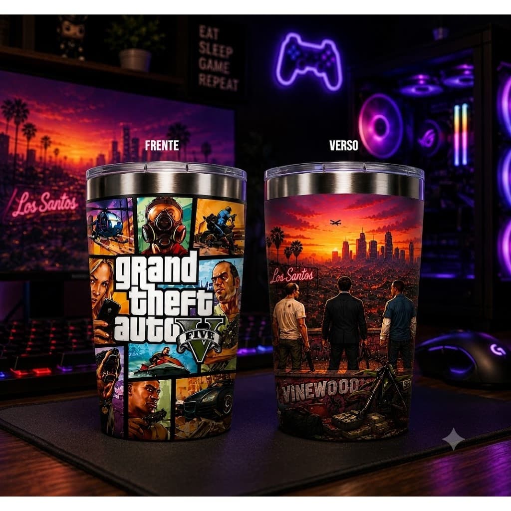 Copo De Games 360ml Em Aço Inox Com Tampa Transparente Alta Qualidade Para Quem Gosta Do Mundo Gamer