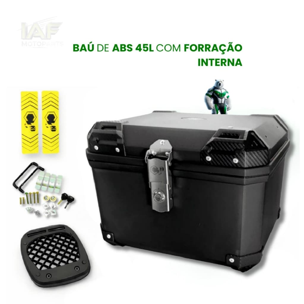 BAÚ BAULETO PLASTICO ABS TRASEIRO 45L UNIVERSAL PRETO FORRADO UNIVERSAL PARA TODAS AS MOTOS
