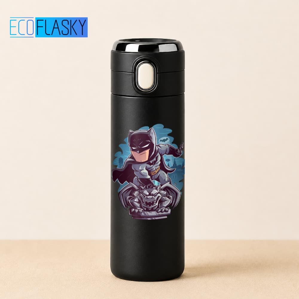 Garrafa Térmica Infantil Aço Inoxidável Batman DC Estampada Termometro LED Digital Comics 420ml