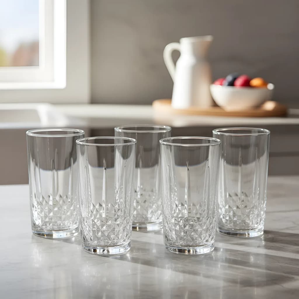 Conjunto Jogo 6 Copos Lily Vidro 280ml Elegante Lapidado Drinks Sucos Água Chá Gelado Refrigerante