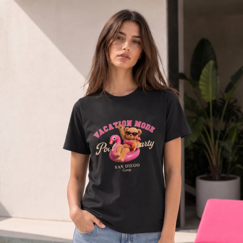 Camiseta Feminina 100% Algodão T Shirt Urso Piscina Férias Boia Flamingo Viagem Moda Praia Tendência