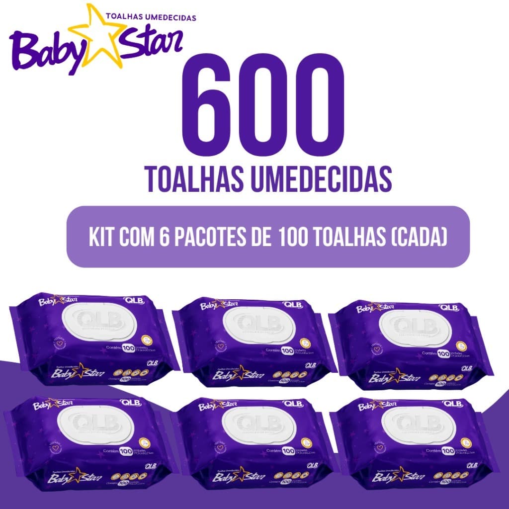 Caixa com 6 Lenços/Toalhas Umedecidas Baby Star Roxa c/ 100 Unidades Cada - Tampa FlipTop