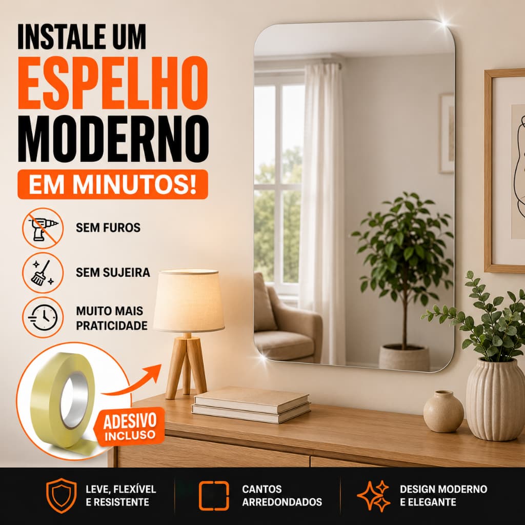 Espelho Adesivo Decorativo Flexível 40x25cm Retangular para Parede Sem Furos Auto Colante Plástico