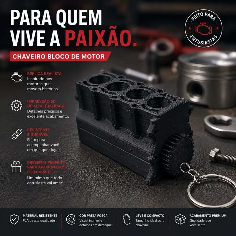 Kit Chaveiro Bloco de Motor Personalizado | 30 ou 50 Unidades