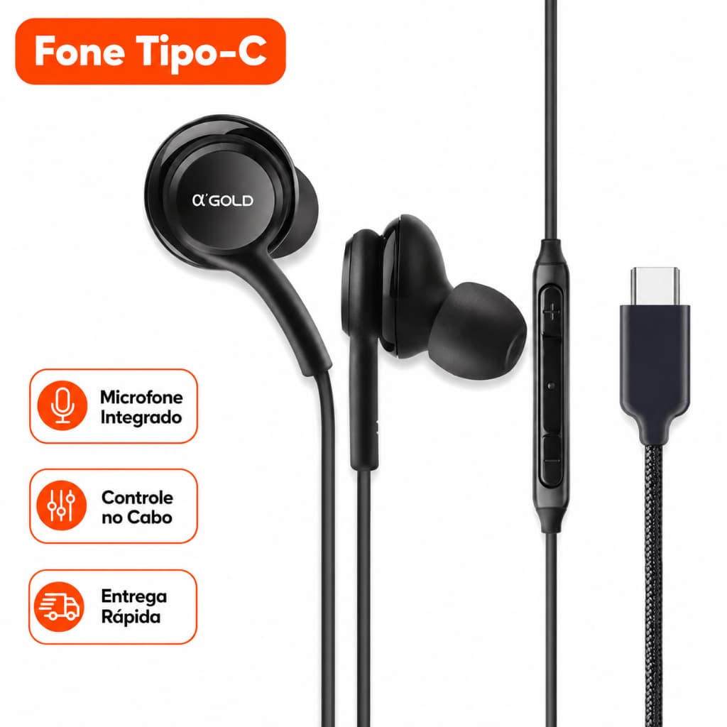 Fone de Ouvido Tipo-C com Microfone Embutido USB-C Som Estéreo Leve e Confortável A’Gold