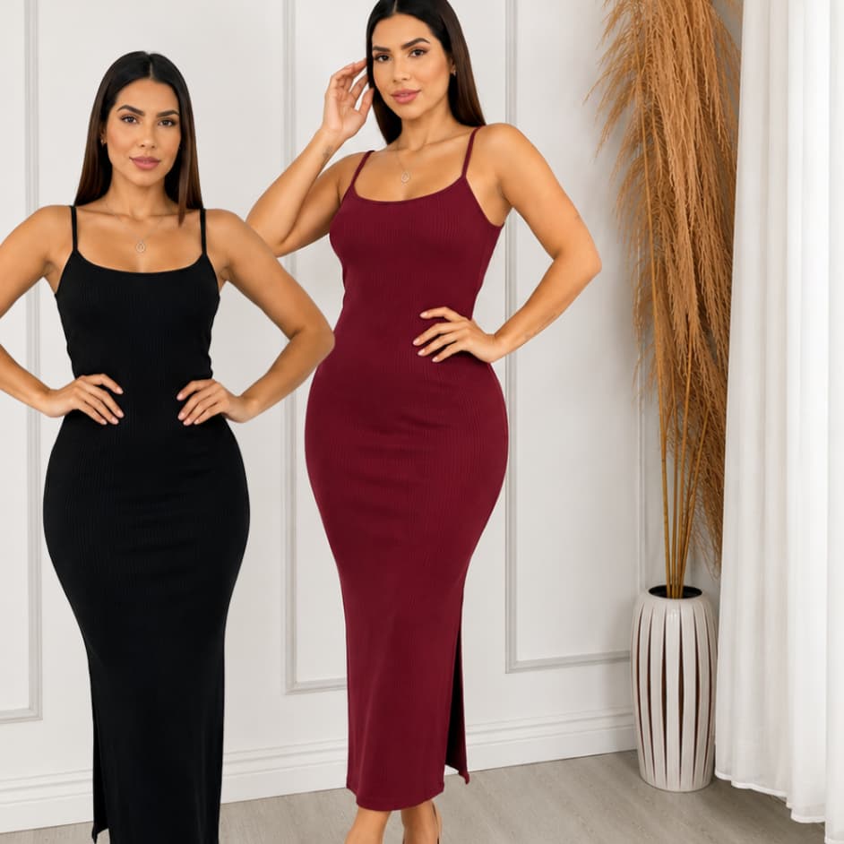 Vestido Longo Feminino Alcinha Com Fenda Canelada Premium Sem Transparência Casual Elegante