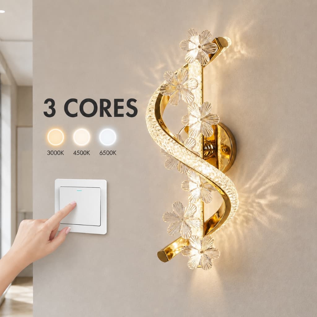 Arandela LED de Parede Dourada Cristal Acrílico 3 Cores Bivolt Moderna para Sala Quarto Corredor