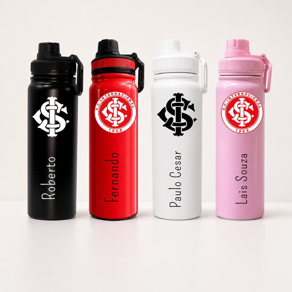 Garrafa Térmica Inox 800ml Personalizada Internacional – Nome + Escudo | Presente Dia dos Pais - Torcedor