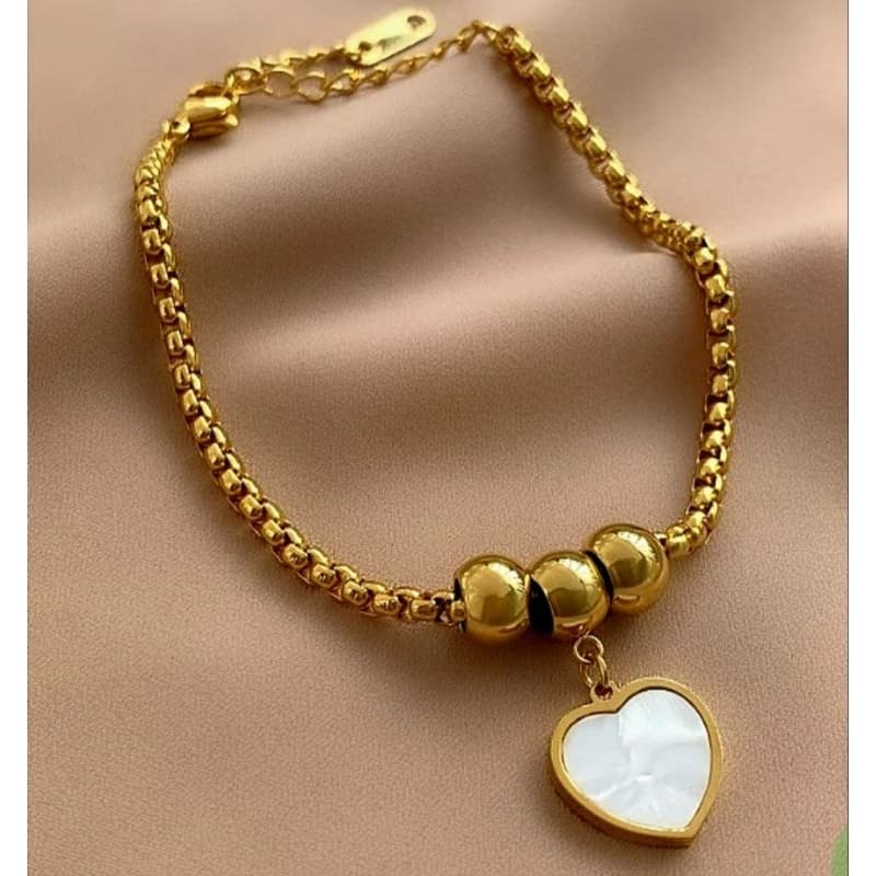 Pulseira Veneziana com Pingente Coração e Madrepérola Aço Inoxidável.