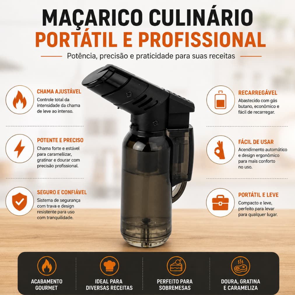 Mini Maçarico Culinário Portátil Recarregável a Gás Chama Ajustável para Culinária, Confeitaria e Artesanato