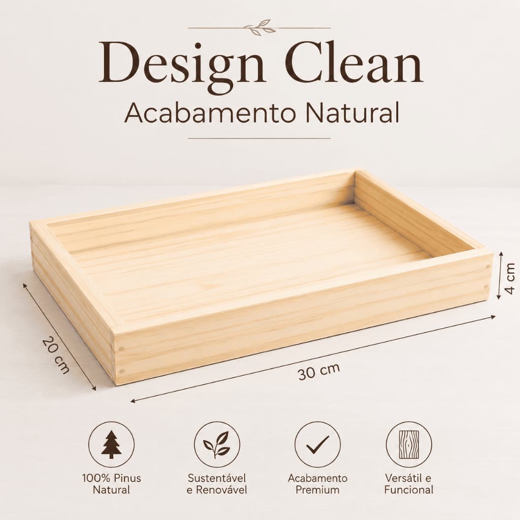 Bandeja Retangular Pinus Natural Organizadora Decorativa Multiuso Porta Objetos Perfumes 30x20x4cm