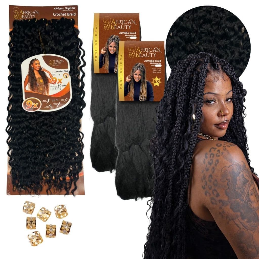 Kit Gypsy Braid Cabelo Cacheado Fulani Crochet Orgânico Tranças com cachos e 2 Jumbo Afro