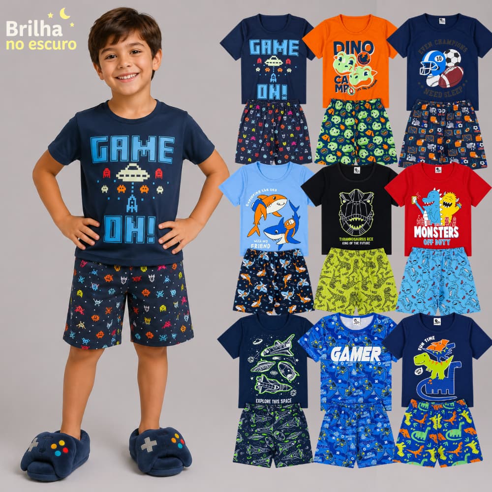 Pijama Infantil Menino Brilha no Escuro do Tamanho 03 ao 14 | Pijama Masculino Juvenil Estampados Verão