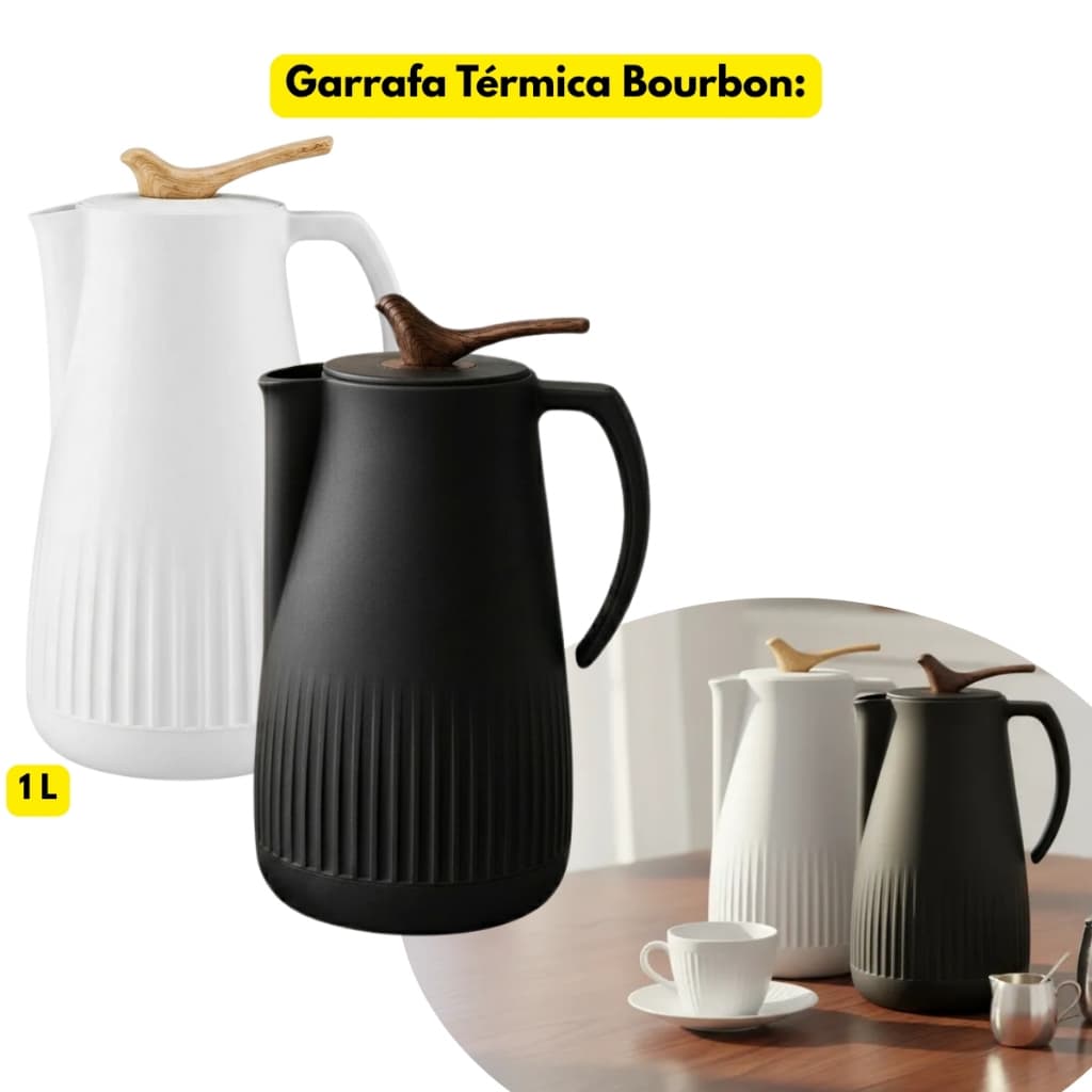 Garrafa Café BourbonTérmica 1L Chá Aça Tampa Pássaro Preta Branca Alça Qualidade Redonda