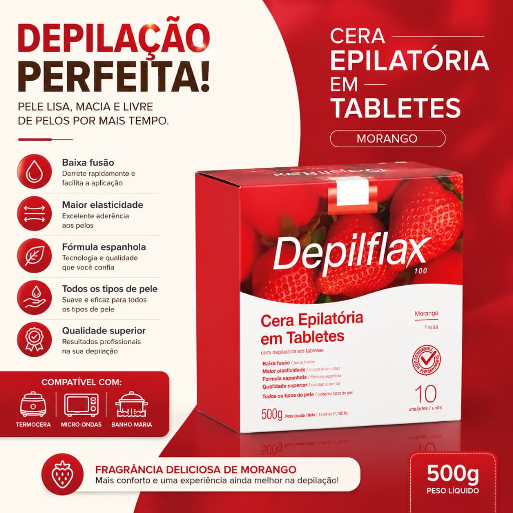 Cera Depilatória Tablete Morango Depilflax 500g