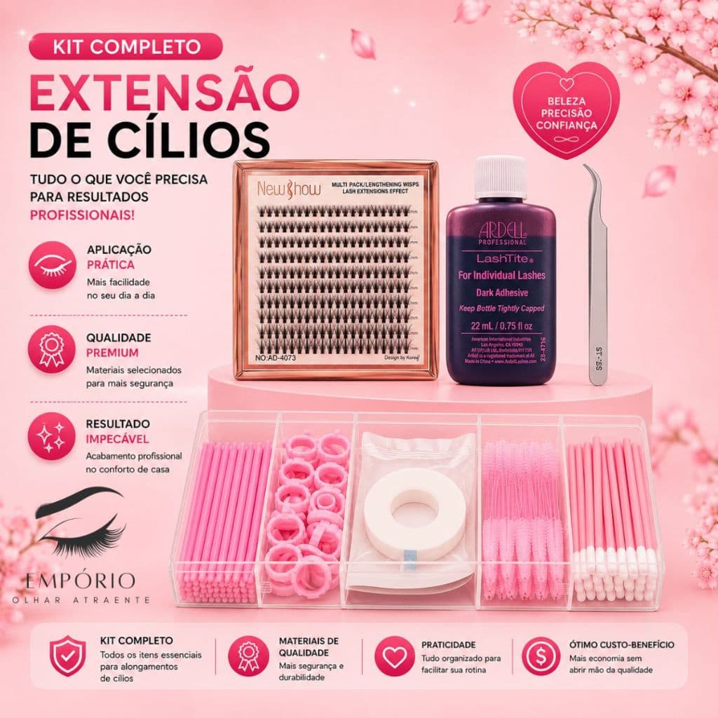 Kit Cílios Tufinho Completo Extensão em Casa Iniciante + Cola + Pinça + Pad + Escovinha