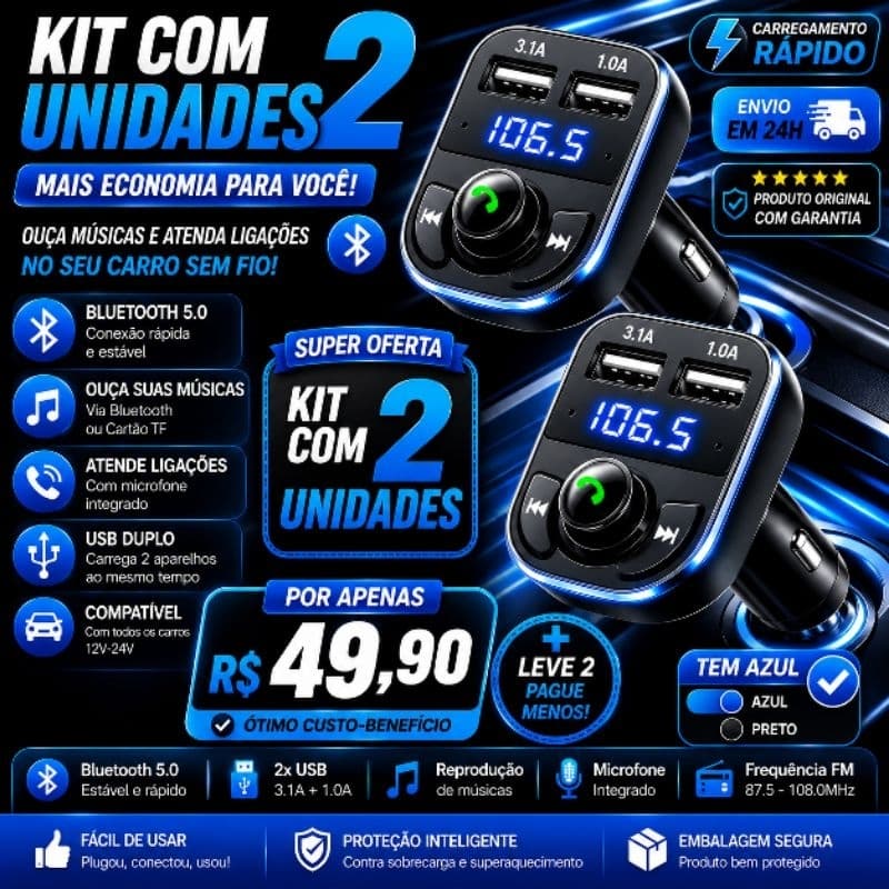 🚘 Transmissor FM Bluetooth Veicular Kit com 2 Unidades – Carregador USB Duplo 3.1A + Música Sem Fio + Posta em 24 Horas🚘
