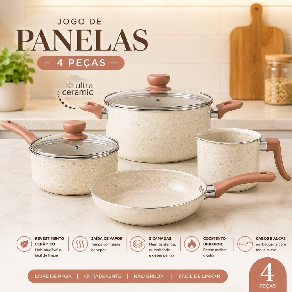 Jogo de Panelas 4 Peças Cerâmica Antiaderente Off White com Tampa de Vidro Ultra Ceramic