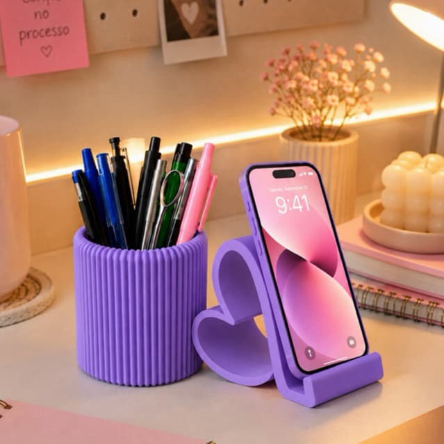 Kit Desk Glow | Porta Canetas + Suporte para Celular | Organização e Decoração para Home Office Escritório Escrivaninha