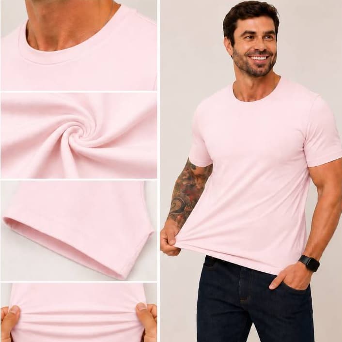 Camiseta Masculina Pima Peruana 95% Algodão 5% Elastano Premium Rosa Bebê Importada