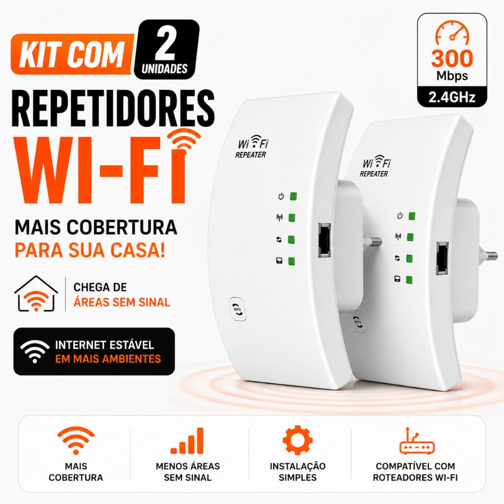 Kit Repetidor WiFi 300Mbps Bivolt WPS 2.4GHz Amplificador de Sinal Ultra Rápido | Kit 2, 3 e 4 Unidades