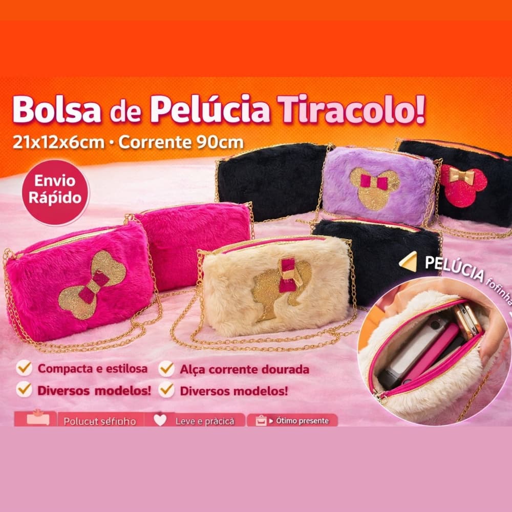 Bolsa Feminina de Pelúcia com Alça Corrente e Zíper