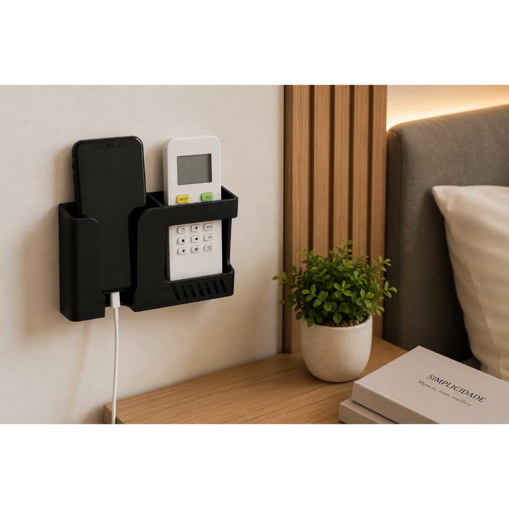 Suporte Parede Celular Controle Remoto Organizador Porta Celular Carregando Fita 3M Preto