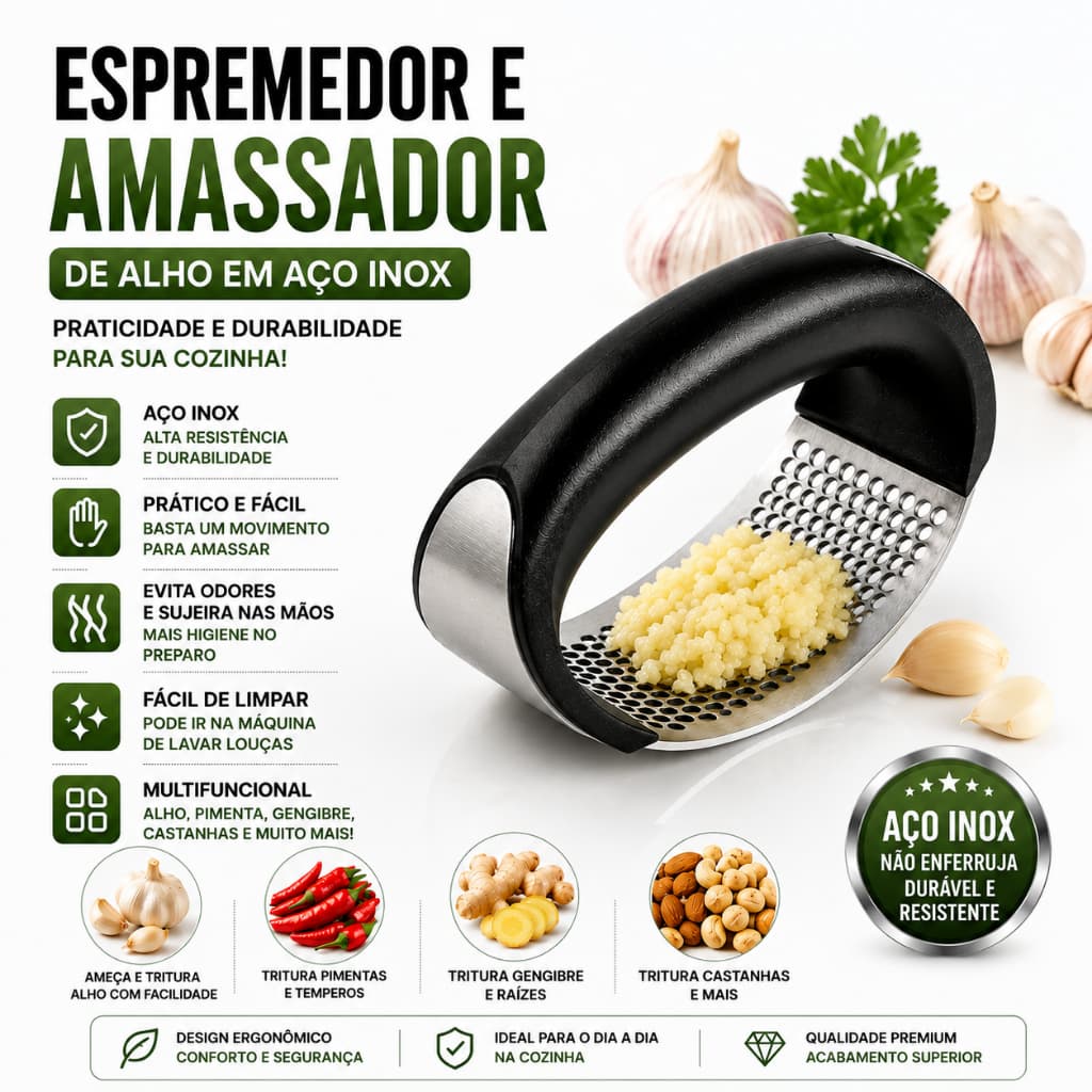 Espremedor de Alho Inox Amassador Manual Tipo Gangorra Triturador de Alho Resistente
