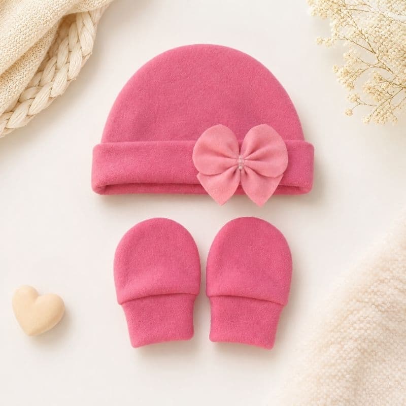 Kit Touca e Luvas Bebê Menina Soft com Laço | 0 a 2 Meses | Enxoval RN