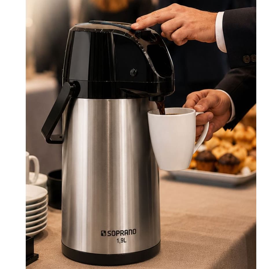 Garrafa Térmica 1,9L Inox Bomba de Pressão Café Chá Ampola de Vidro Grande Premium Escritório